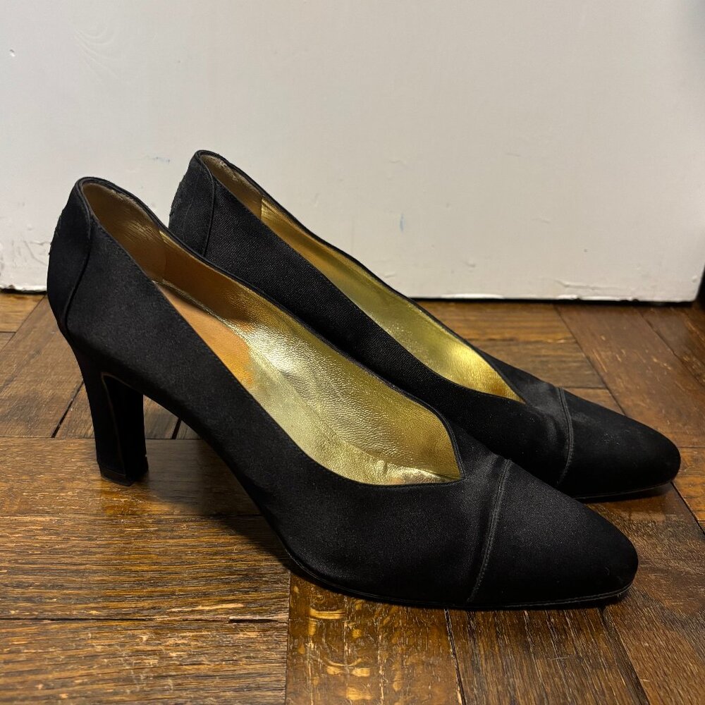 Vintage CHANEL Satin Pumps Black Heels Women's 38/US 7.5
